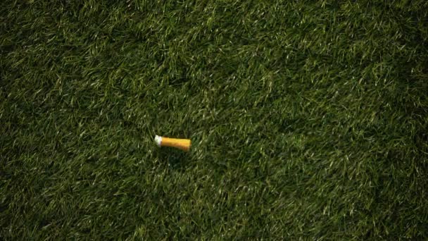 香烟存根扔在绿草上，不负责任的吸烟者造成危险，火灾 — 图库视频影像
