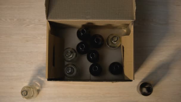 Волонтер збирає скляні пляшки в коробці для сортування відходів, переробки та екології — стокове відео