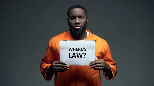 Afro American Prisoner Holding Law Sign Cell Wrongly Accused Person — Stock Photo, Image