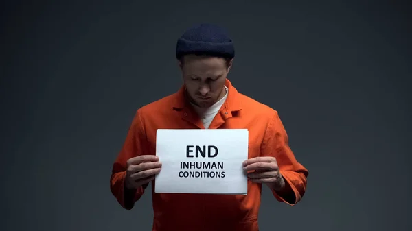 Gefangener Hält Ende Unmenschlicher Bedingungen Zeichen Zelle Schutz Der Menschenrechte — Stockfoto