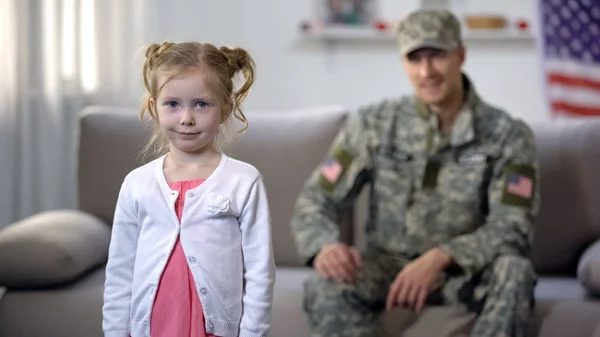 Cheerful American Soldier Dad Admiring Cute Daughter Looking Camera Pride — Stock Photo, Image