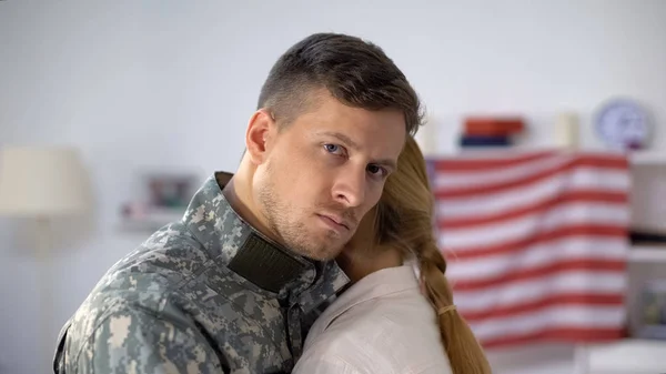 Upset Soldier Embracing Girlfriend Looking Cam Farewell Armed Forces Duty — Stock Photo, Image