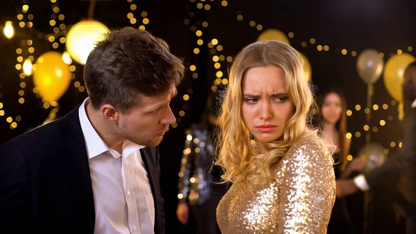 Angry Young Man Scolding Girlfriend Celebration Event Couple Arguing Jealousy — Stock Photo, Image