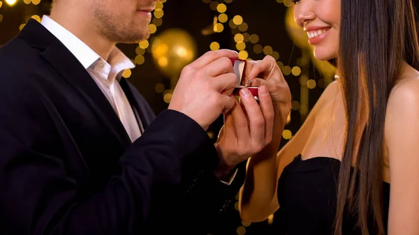 Lady Taking Diamond Ring Boyfriend Party Accepting Proposal Engagement — Stock Photo, Image