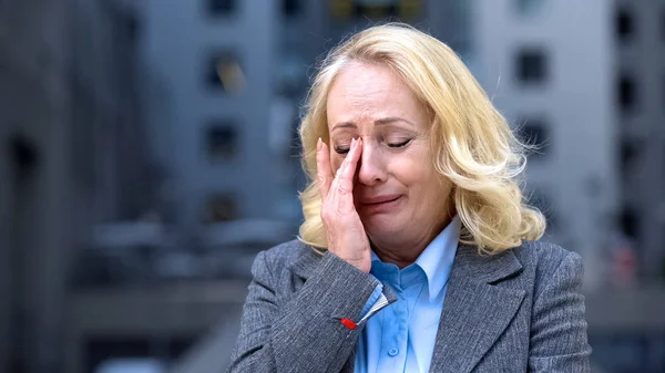Sad Crying Female Employee Formal Suit Pension Age Unemployment Problem — Stock Photo, Image