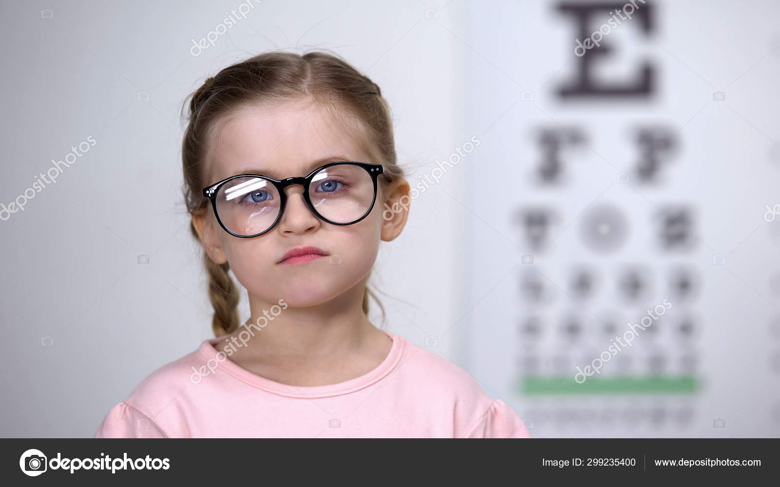 Displeased Girl Standing Eyeglasses Spectacle Frames Bad Lens Stock Photo by