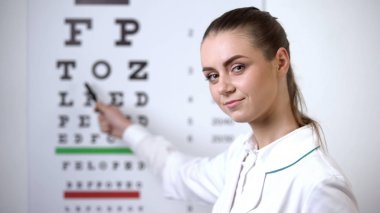 Göz haritasını gösteren kadın optometrist, göz kliniğinde görme testi