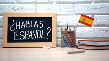 Do you speak Spanish written on board, international flag in box, language clipart
