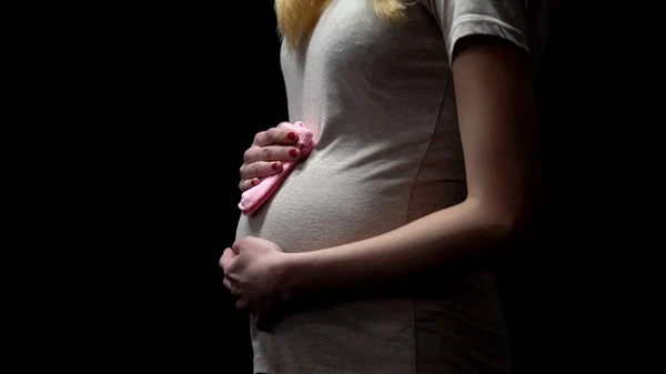 Pregnant Woman Holding Pink Baby Socks Tummy Waiting Little Girl — Stock Photo, Image