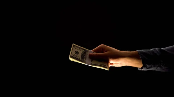 Male Hand Giving Dollars Isolated Black Background Bribery Corruption — Stock Photo, Image