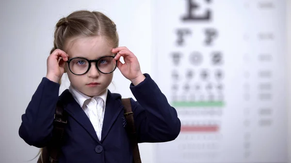 Sad Schoolgirl Taking Glasses Disgruntled Sight Problems Eye Illness — Stock Photo, Image