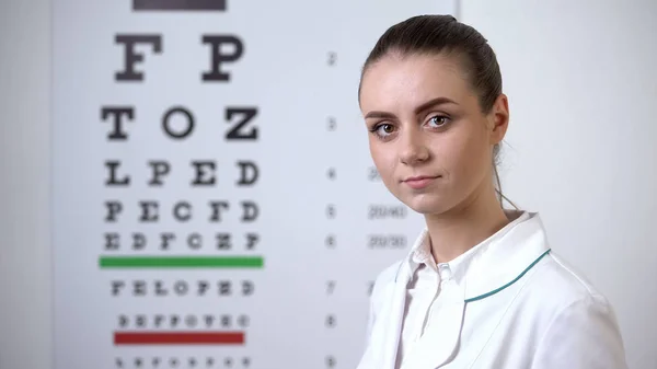 Optician Fêmea Que Está Perto Gráfico Olho Diagnósticos Clínica Visão — Fotografia de Stock