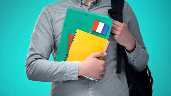 Estudante Segurando Cadernos Com Bandeira Francesa Programa Educacional Internacional — Fotografia de Stock