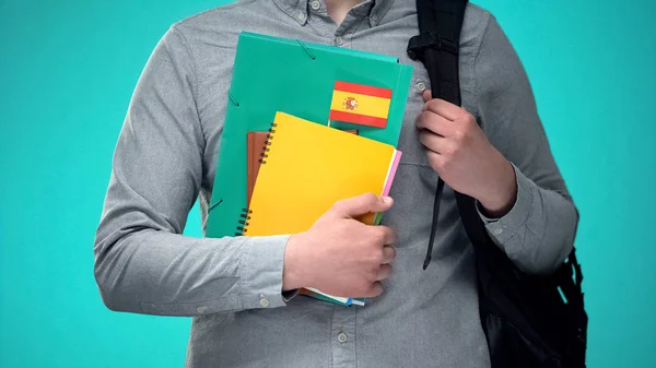Estudiante Portando Cuadernos Con Bandera España Programa Educativo Internacional — Foto de Stock
