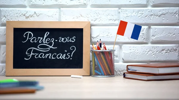 Hablas Francés Escrito Bordo Bandera Francia Pie Caja Idioma — Foto de Stock