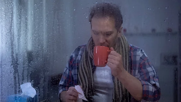Ill Male Scarf Holding Handkerchief Hot Tea Treating Cold Rainy — Stock Photo, Image