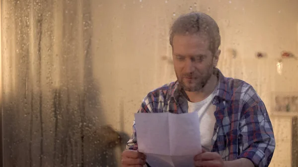 Happy Man Reading Letter Beloved Rainy Window Distance Relations — Stock Photo, Image