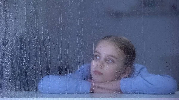 Lonely Girl Looking Rainy Window Lack Parental Love Care Boredom — Stock Photo, Image