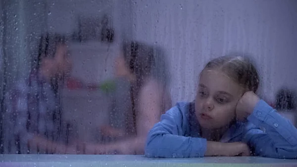 Upset Girl Sitting Rainy Window Listening Parents Quarrel Problems — Stock Photo, Image