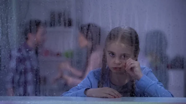 Little Girl Crying Rainy Window Suffering Parents Conflicts Family — Stock Photo, Image