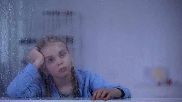 Upset Little Girl Looking Window Rehabilitation Center Therapy — Stock Photo, Image