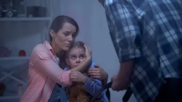 Mother Protecting Little Daughter Angry Father Belt Family Violence — Stock Photo, Image