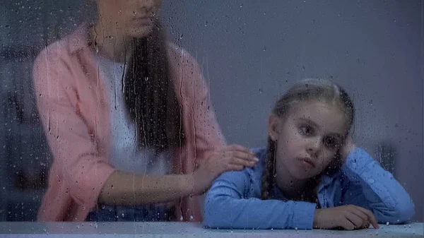 Mother Supporting Little Girl Rainy Window Kid Suffering Bullying — Stock Photo, Image