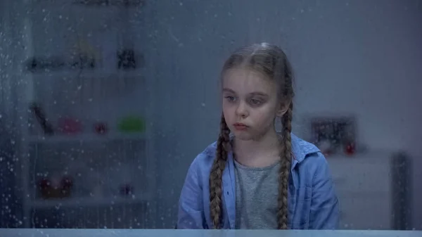 Frustrated Little Girl Looking Window Problems Bullying School — Stock Photo, Image