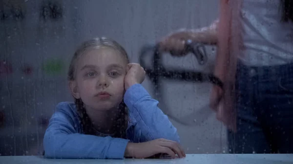 Mother Belt Standing Little Girl Rainy Window Assault Family — Stock Photo, Image