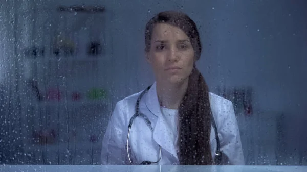 Upset Female Doctor Looking Rainy Window Work Problems Close — Stock Photo, Image