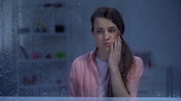 Depressed Woman Wounded Face Sitting Rainy Window Assault Victim — Stock Photo, Image