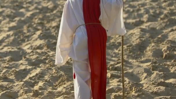 Jesucristo en túnica y faja roja caminando por el desierto, mirando a la cámara — Vídeos de Stock