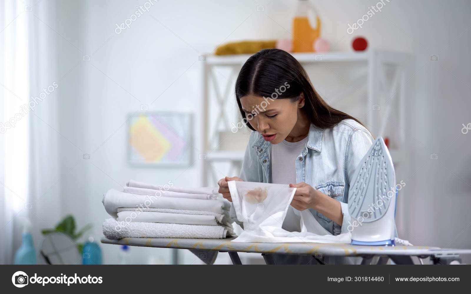 Upset Female Makes Burn Stain Shirt Ironing Housekeeping Problem Stock