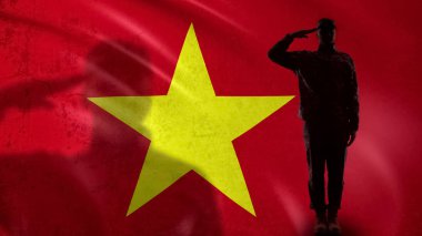 Vietnamlı asker silueti ulusal bayrak, sorumluluk karşı selamlama