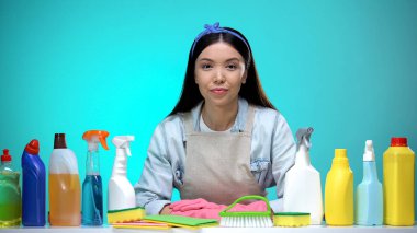 Çalışkan ev hanımı deterjan çeşitleri sunan, mağaza çeşitleri, ev işleri