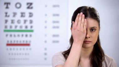 Üzgün genç bayan el ile göz kapatma, görme kontrolü, kötü görme sorunu