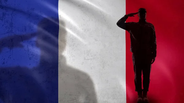 Силуэт Французского Солдата Приветствующего Национальный Флаг Патриота Национальной Гвардии — стоковое фото