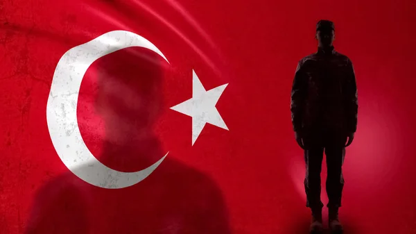 Türkische Soldatensilhouette Vor Der Nationalflagge Stolzer Feldwebel — Stockfoto