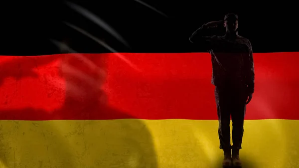 Silueta Soldado Alemán Saludando Contra Bandera Nacional Día Conmemorativo Defensa — Foto de Stock