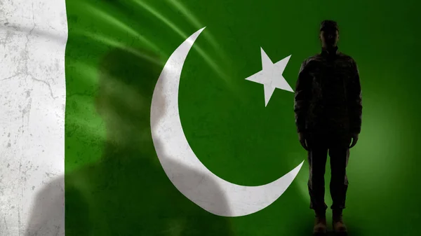 Silueta Soldado Paquistaní Pie Contra Bandera Nacional Orgulloso Sargento Del — Foto de Stock