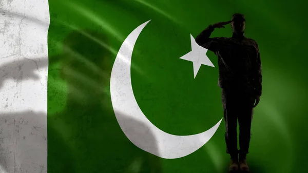 Silueta Soldado Paquistaní Saludando Contra Bandera Nacional Fuerzas Especiales Del — Foto de Stock