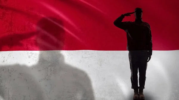 国旗に敬礼するインドネシア兵のシルエット 軍事ボランティア — ストック写真