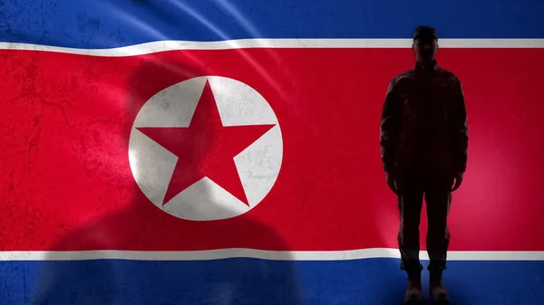 Silhueta Soldado Norte Coreano Contra Bandeira Nacional Orgulhoso Sargento — Fotografia de Stock