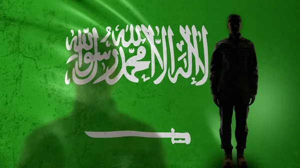 Silueta Soldado Saudita Pie Contra Bandera Nacional Orgulloso Sargento — Foto de Stock