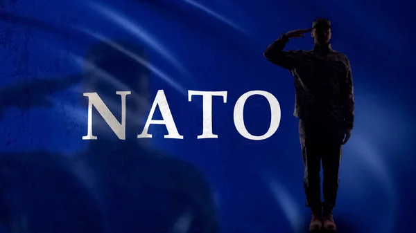 Nato Soldier Silhouette Saluting Intergovernmental Military Alliance Defense — Stock Photo, Image