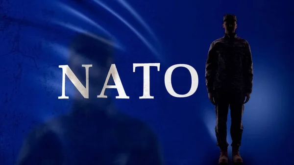 Soldatensilhouette Gegen Nato Flagge Militärbündnis Verteidigung — Stockfoto