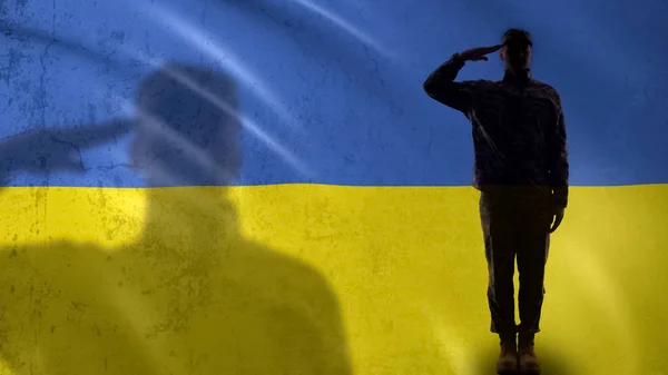 Ukrainska Soldat Silhouette Salutera Mot Nationella Flaggan Militär Reform — Stockfoto