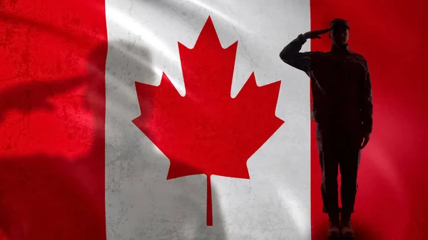Canadese Soldaat Silhouet Saluting Tegen Nationale Vlag Leger Sergeant Hervorming — Stockfoto