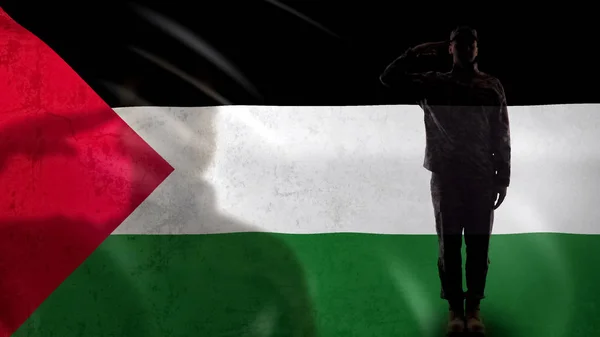 Silueta Soldado Palestino Saludando Contra Bandera Nacional Conflicto Violento — Foto de Stock