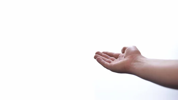 Mano Hombre Pidiendo Ayuda Sobre Fondo Blanco Suplicando Bendición Salud — Foto de Stock